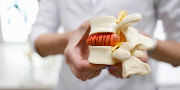 The doctor holds in his hands a model of a herniated lumbar disc of the spine The doctor holds in his hands a model of a herniated lumbar disc of the spine