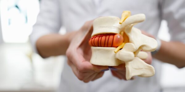 The doctor holds in his hands a model of a herniated lumbar disc of the spine