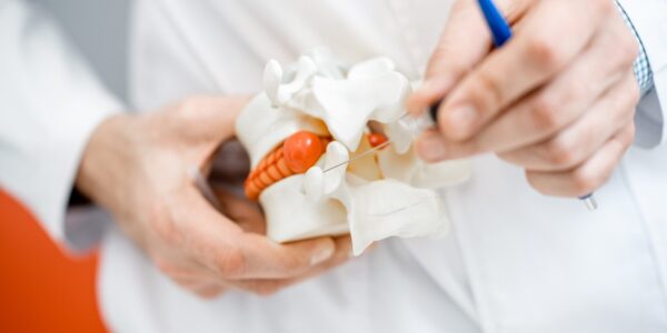 Close-up of therapist holding anatomical model of vertebras with intervertebral hernia