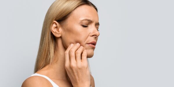 Middle aged blonde woman in pain touching her cheek, unhappy lady suffering from toothache over grey studio background, copy space. Dental problems, dentistry, stomatology concept